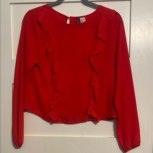 Divided Red Ruffled Blouse with Full Sleeves